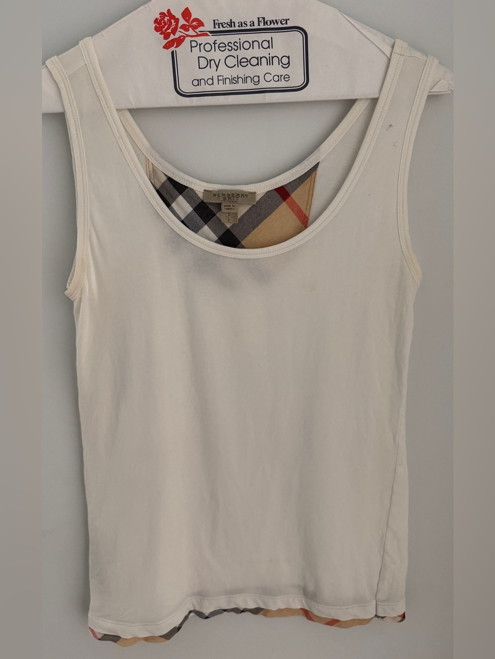 100%! Authentic Burberry Brit White Tee with Vintage Check Trim (S)